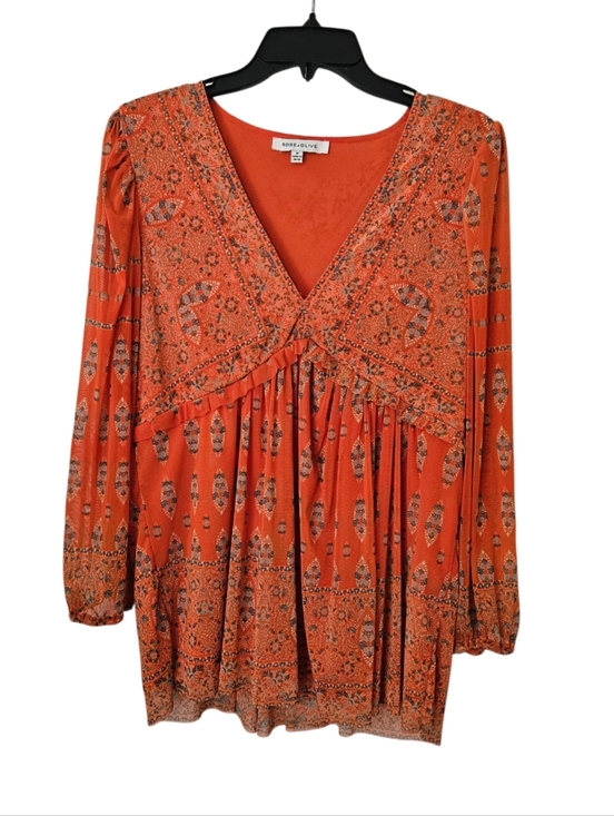 Rose & Olive Tops - Orange Printed Long-Sleeve Tunic Blouse-Size Medium